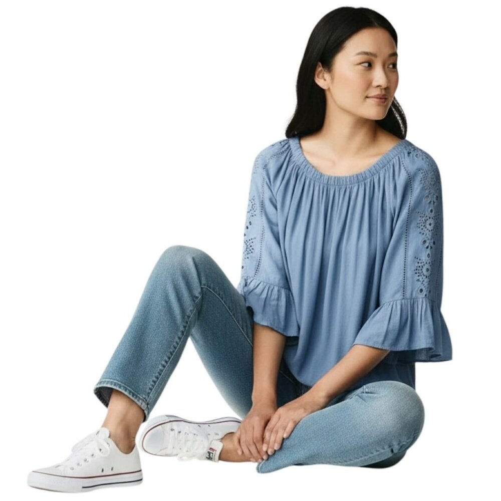 Democracy light blue bell sleeve with eyelet detail